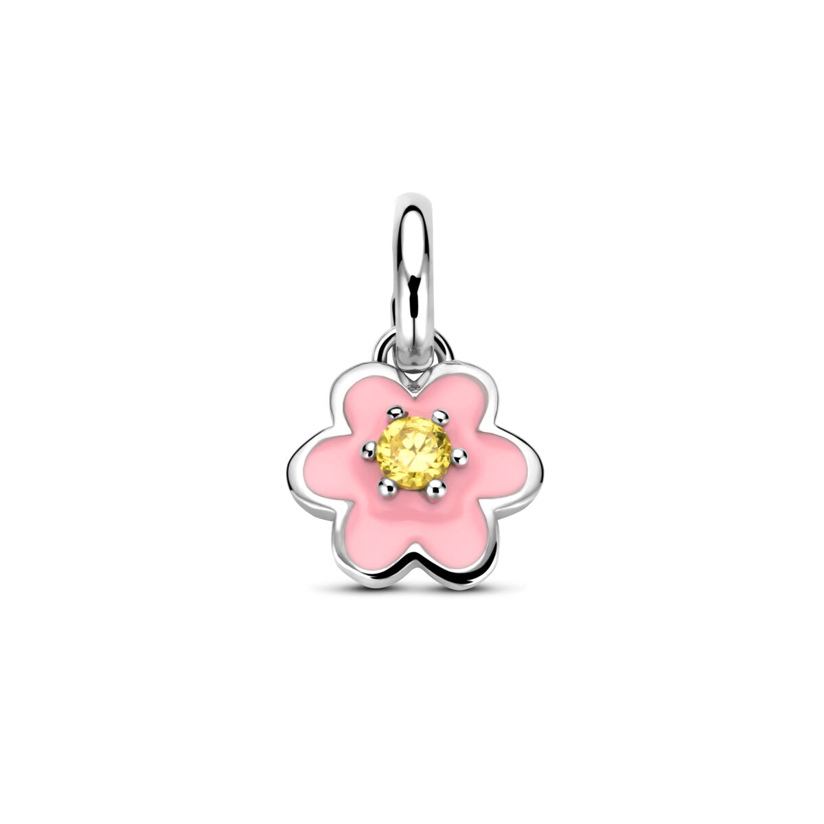Ciondolo in argento con fiore smaltato rosa e zircone giallo al centro, dimensioni 12 x 8 mm.