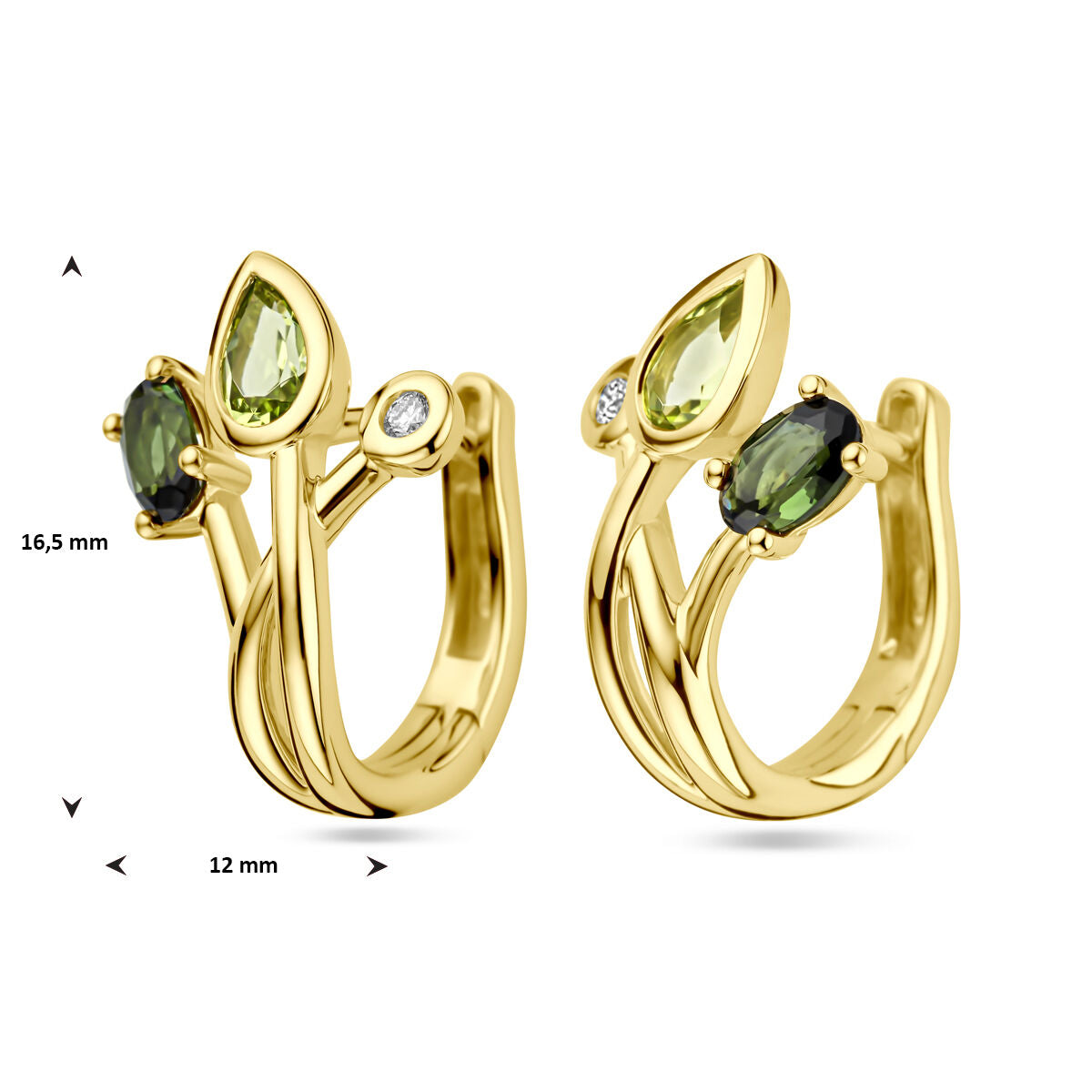 orecchini a cerchio con tormalina verde, peridoto e diamante 0.03ct (2x 0.015ct) h si oro giallo 14K