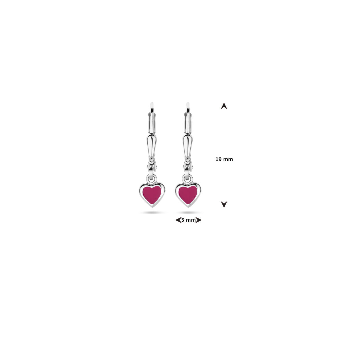 orecchini pendenti cuore smalto rosa scuro chiusura a scatto 19 mm argento rodiato