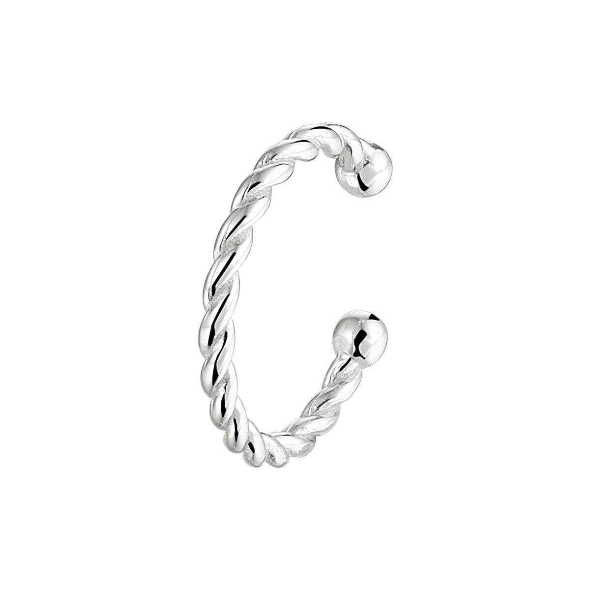 Orecchino cuff in argento rodiato, con design intrecciato e punte sferiche.