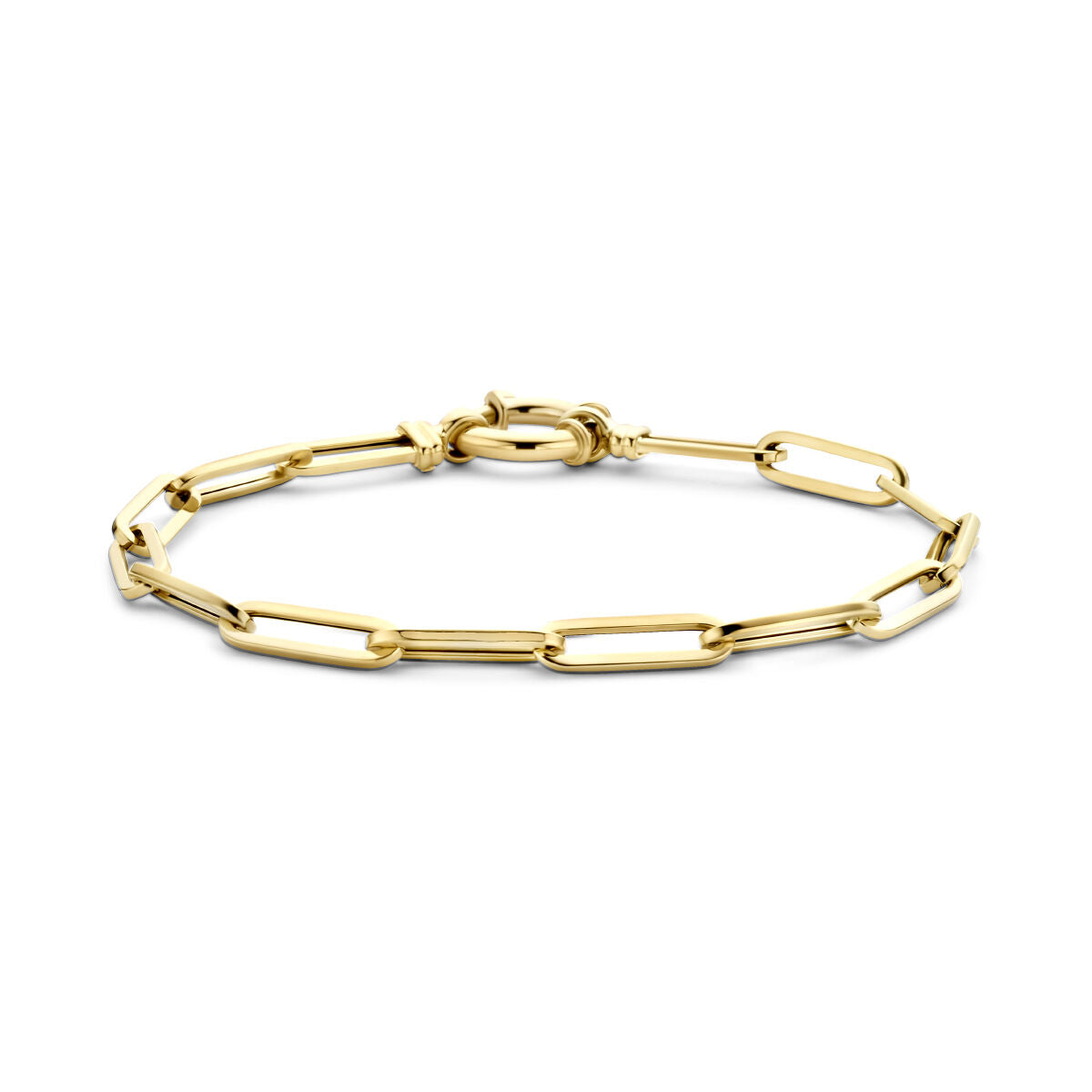 Bracciale dorato da donna in stile paperclip con tubi quadrati e grande chiusura a molla in oro 14K.