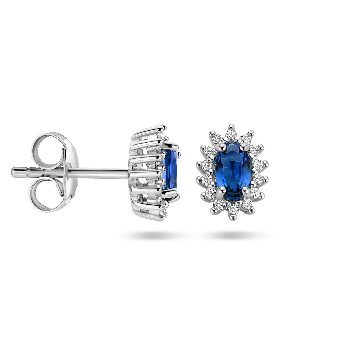 orecchini a bottone zaffiro sint. e zirconia halo argento rodiato