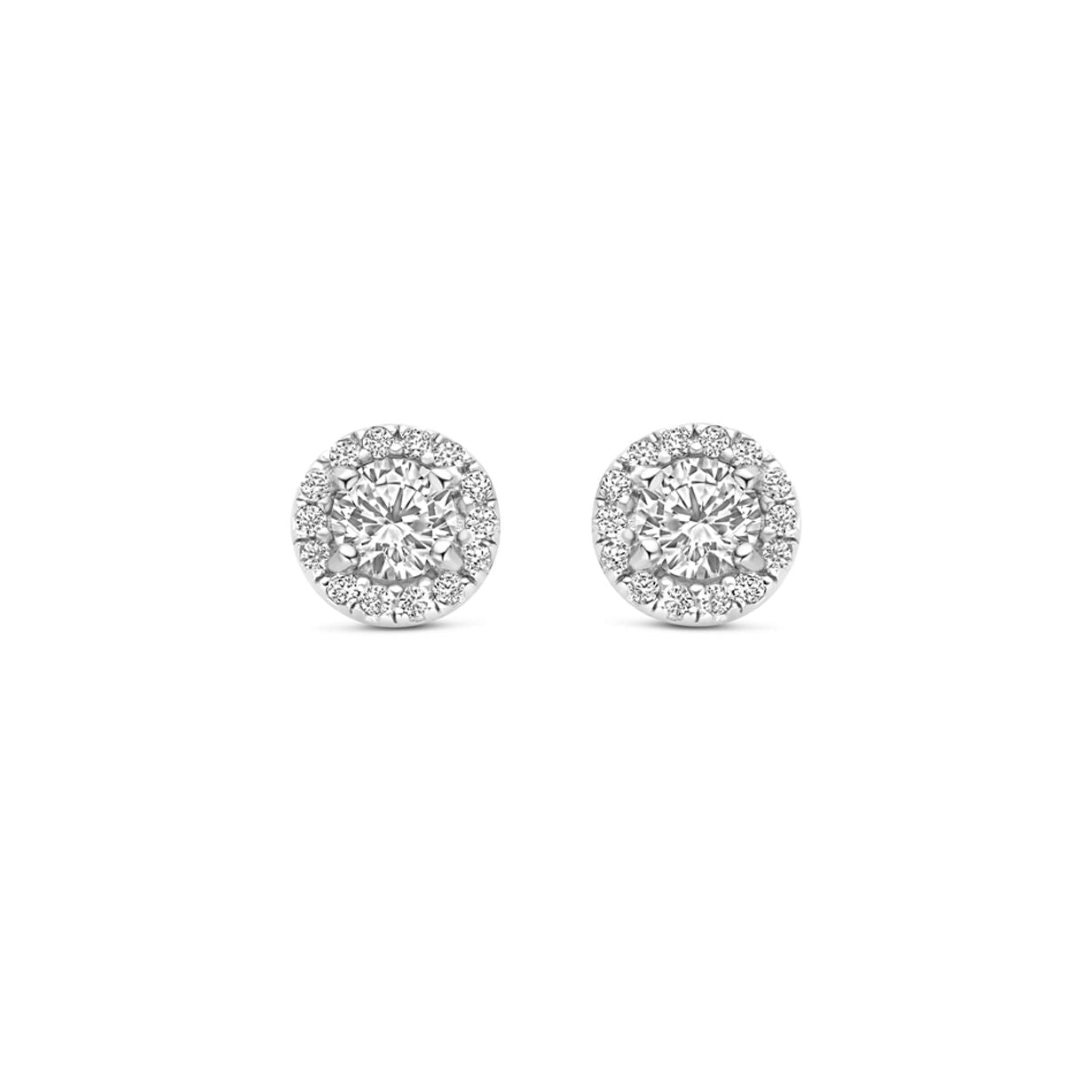 Orecchini in argento rodiato con zirconi, diametro di 6 mm, design rotondo.