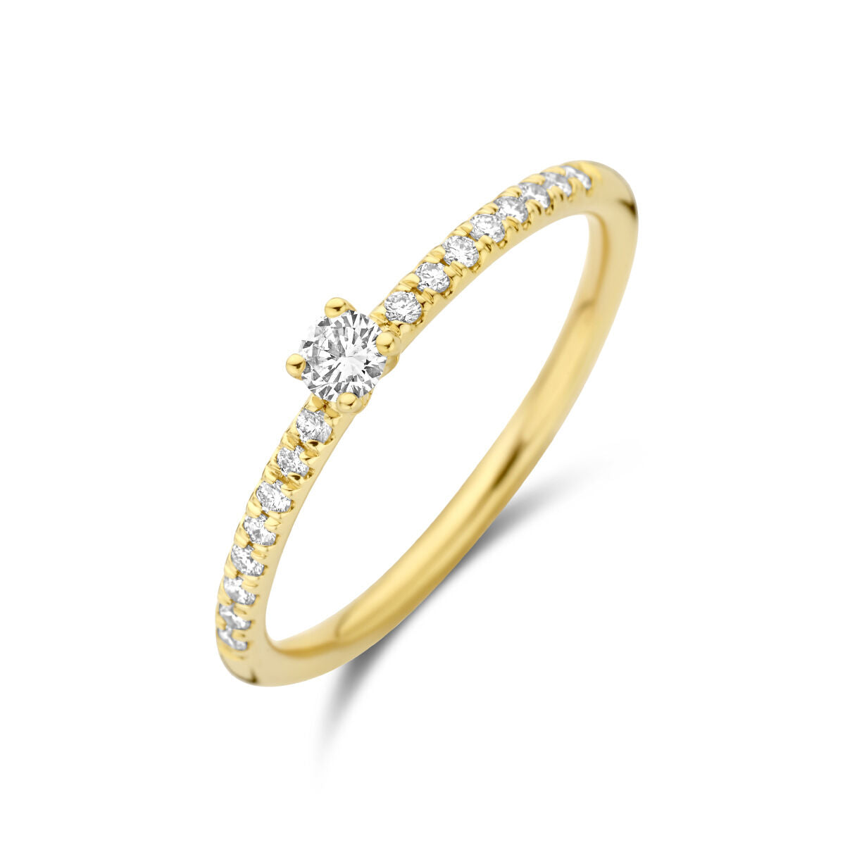 Anello in oro giallo 14K con diamante centrale da 0,25 ct e pavé di diamanti.
