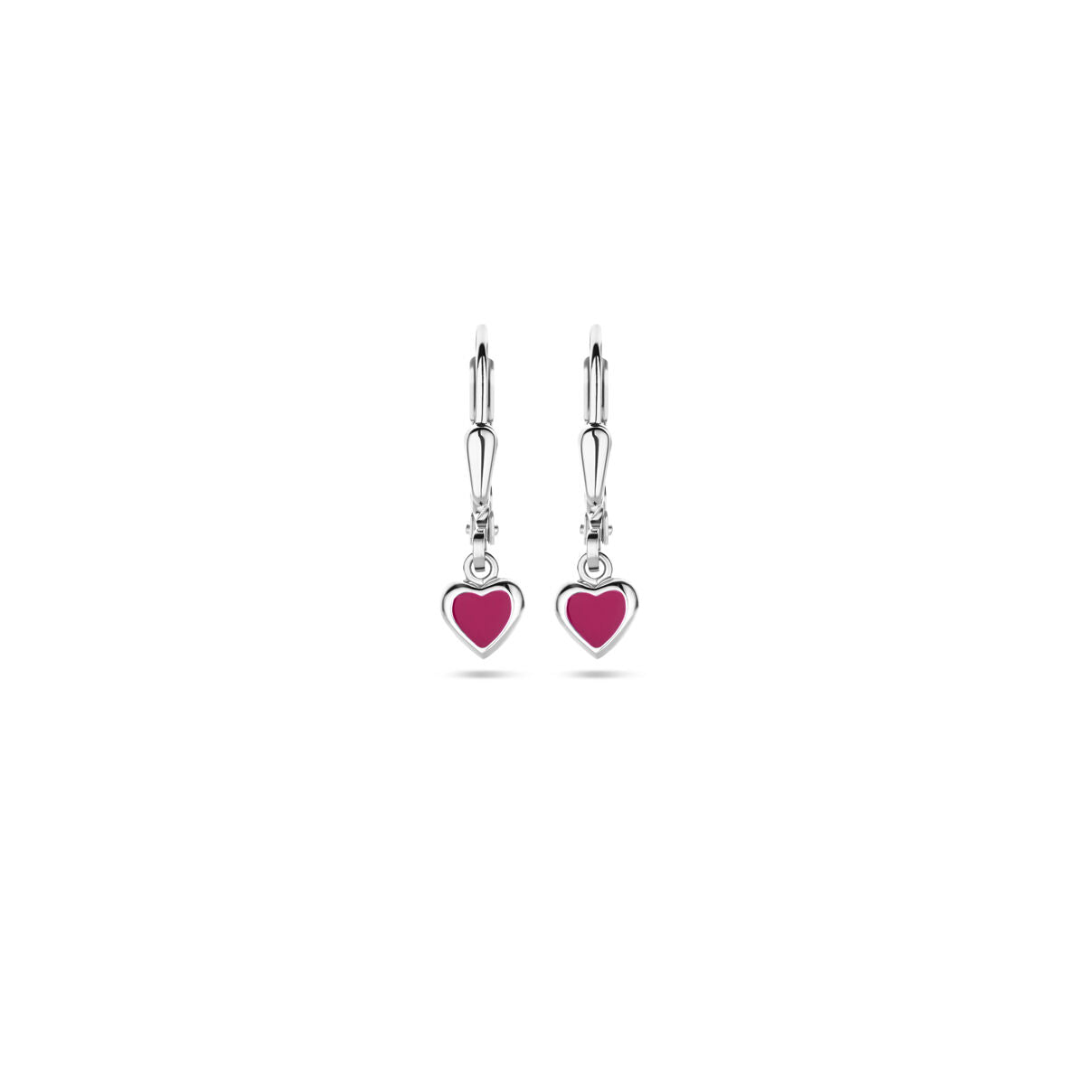 orecchini pendenti cuore smalto rosa scuro chiusura a scatto 19 mm argento rodiato