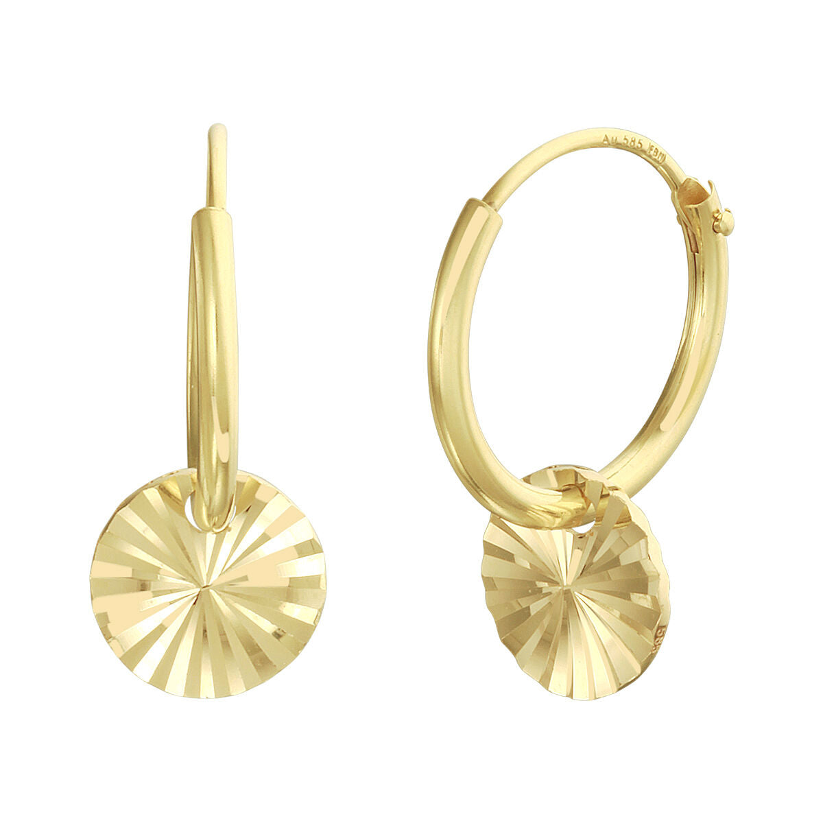 Orecchini alla creola in oro giallo 14K con pendente rotondo e diamanti.