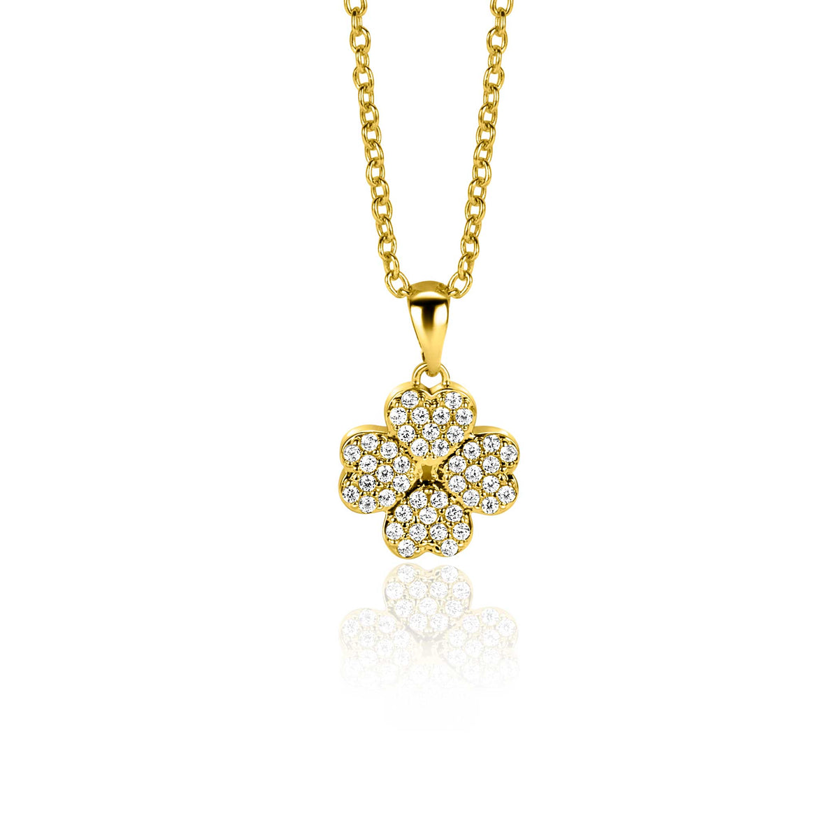 Ciondolo dorato a forma di fiore con pietre scintillanti, appeso a una collana sottile.