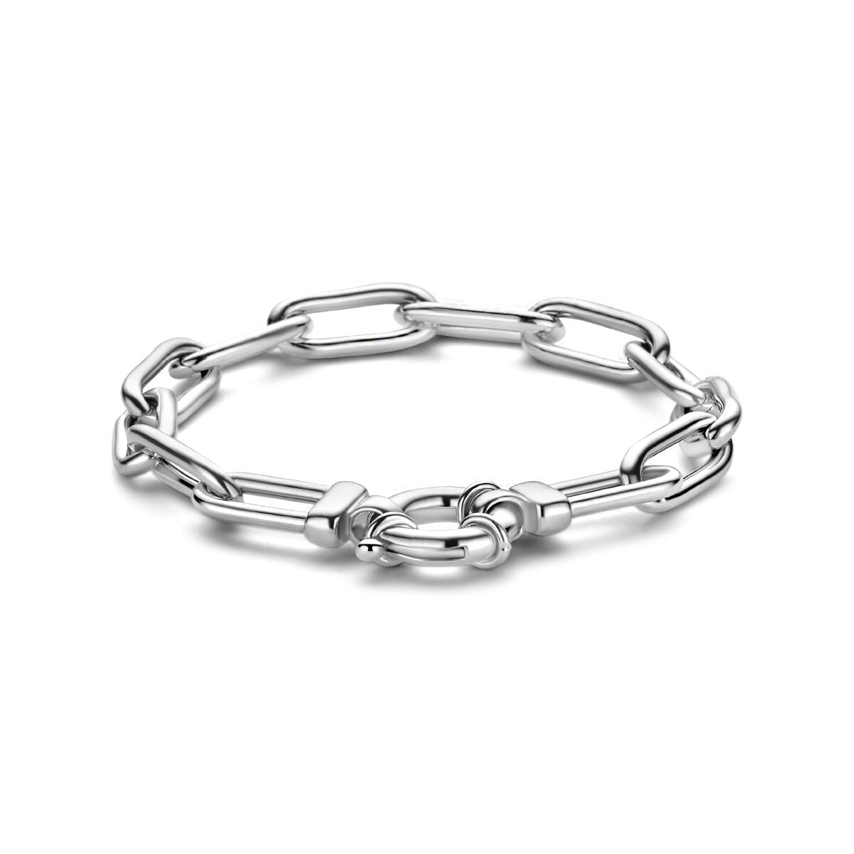 Zilveren gerhodineerde armband van paperclip schakels met een groot springslot, 19 cm lang.