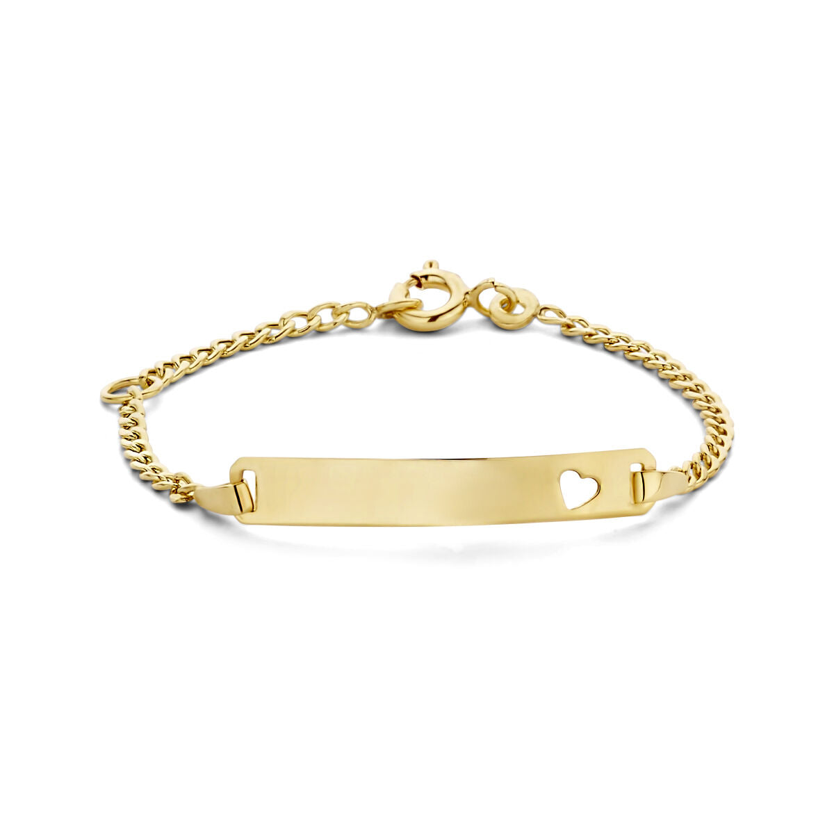 Bracciale in oro giallo 9 carati con placca rettangolare e cuore inciso, maglia rolò.