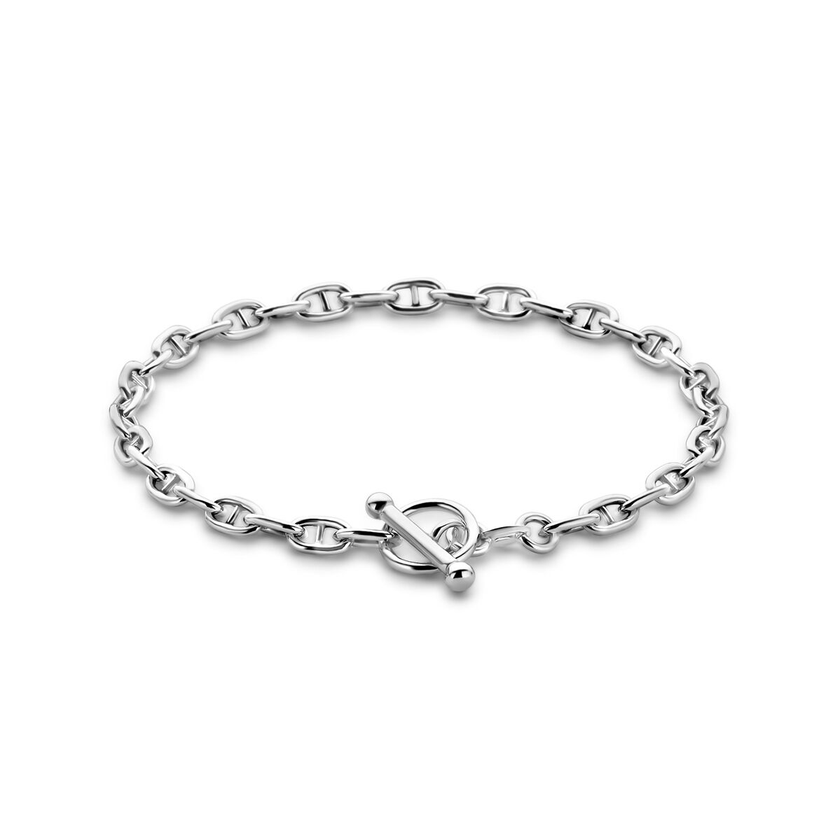 Bracciale in argento rodiato con maglie rotonde di 3,9 mm e chiusura a moschettone.