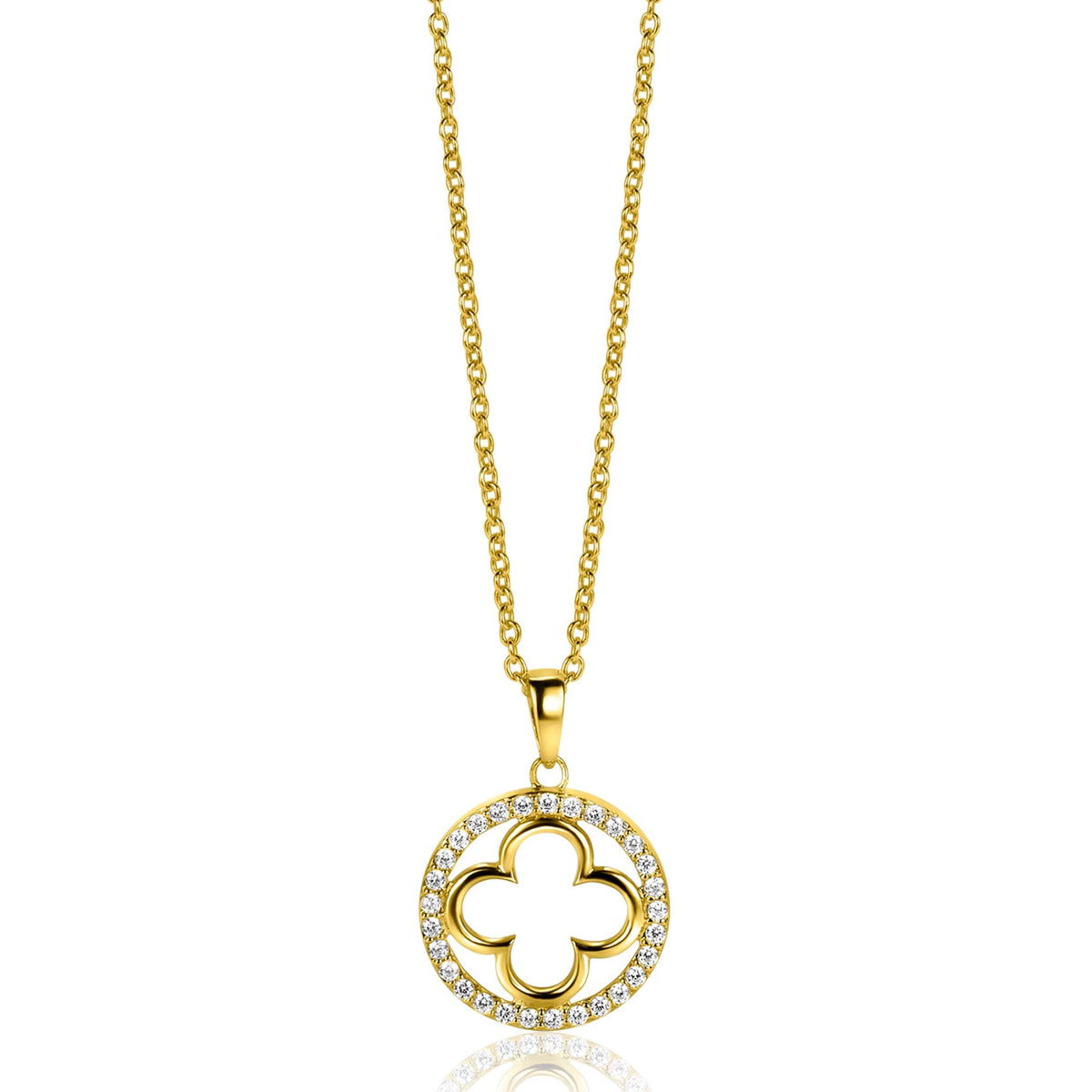 Vergulde zilveren ankerketting met luxe klaverhanger bezet met steentjes.