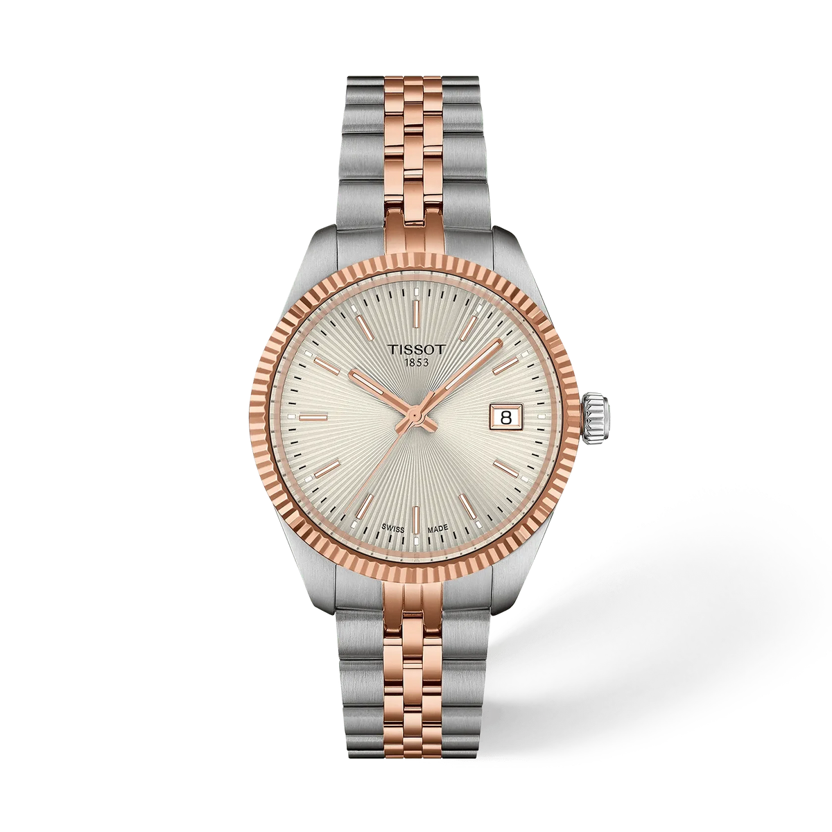 Orologio Tissot Ballade con cassa in acciaio e oro rosa, quadrante argentato e bracciale a maglia rolò.