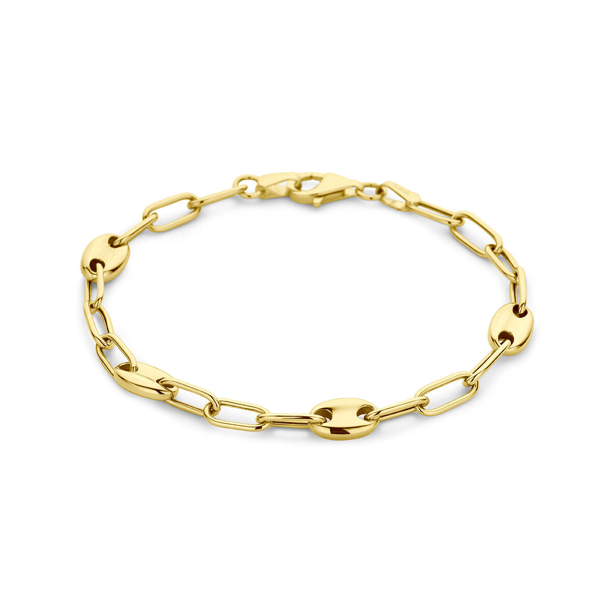 Bracciale in oro giallo 14K con maglie ovali e rotonde.
