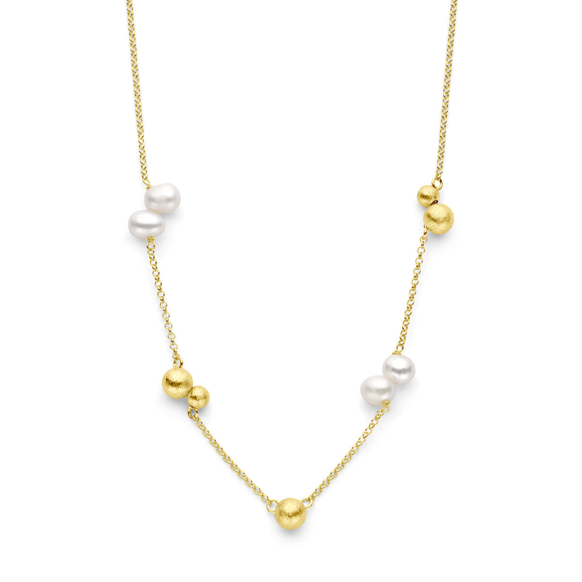 Collana in argento dorato con perle e pallini, lunghezza 42 + 3 cm.