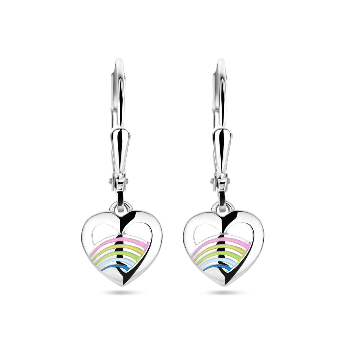Orecchini a cuore in argento rodiato con smalto colorato.