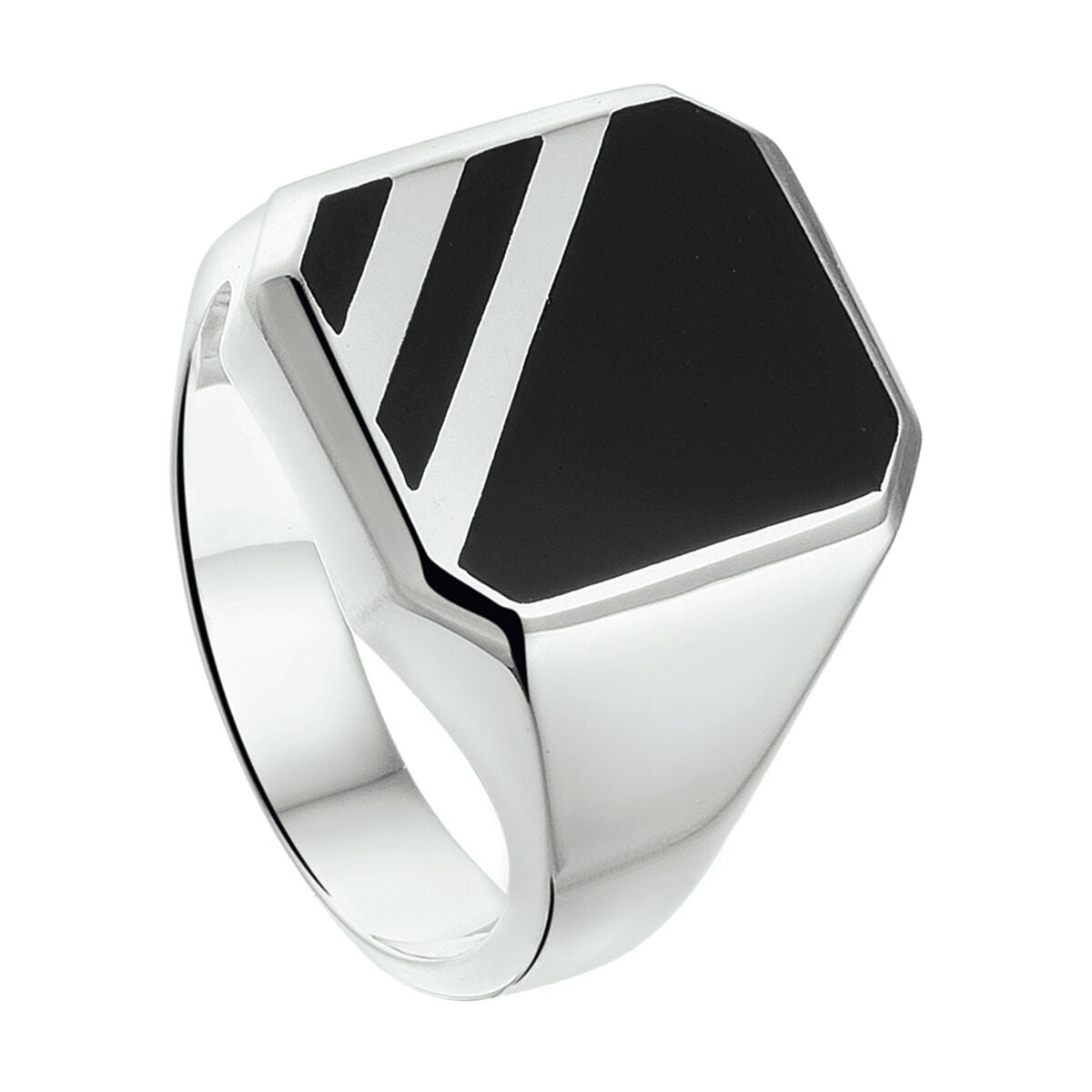 Anello con sigillo in argento bianco con pietra onice nera, forma esagonale.