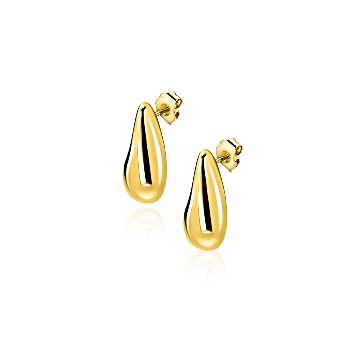 Orecchini pendenti in oro giallo con forma a goccia lucida.