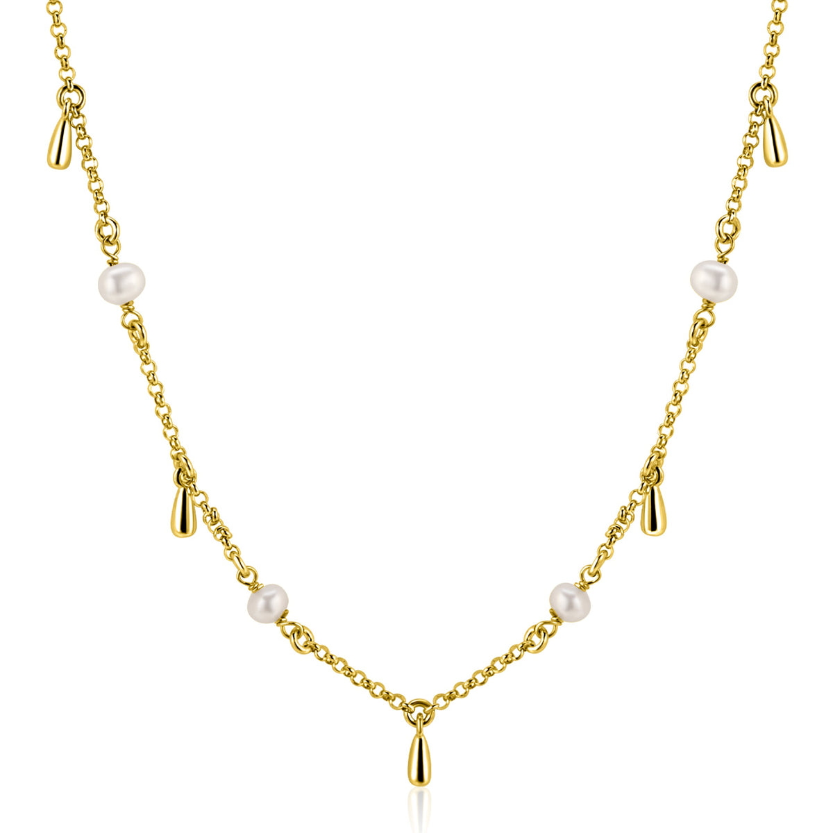 Collana dorata con perle e pendenti a goccia.
