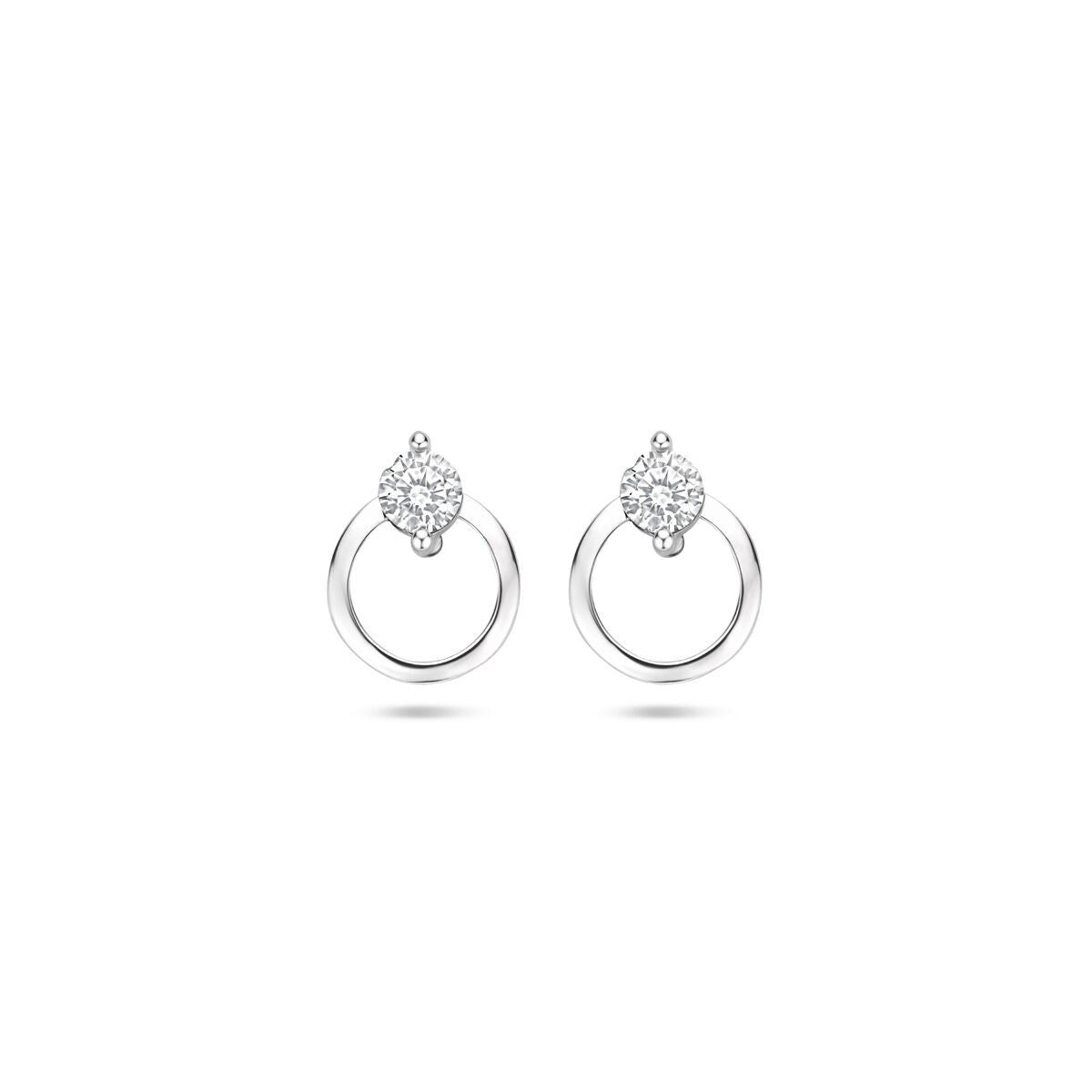 Orecchini in argento rodiato con zirconi, forma rotonda e dettagli brillanti.