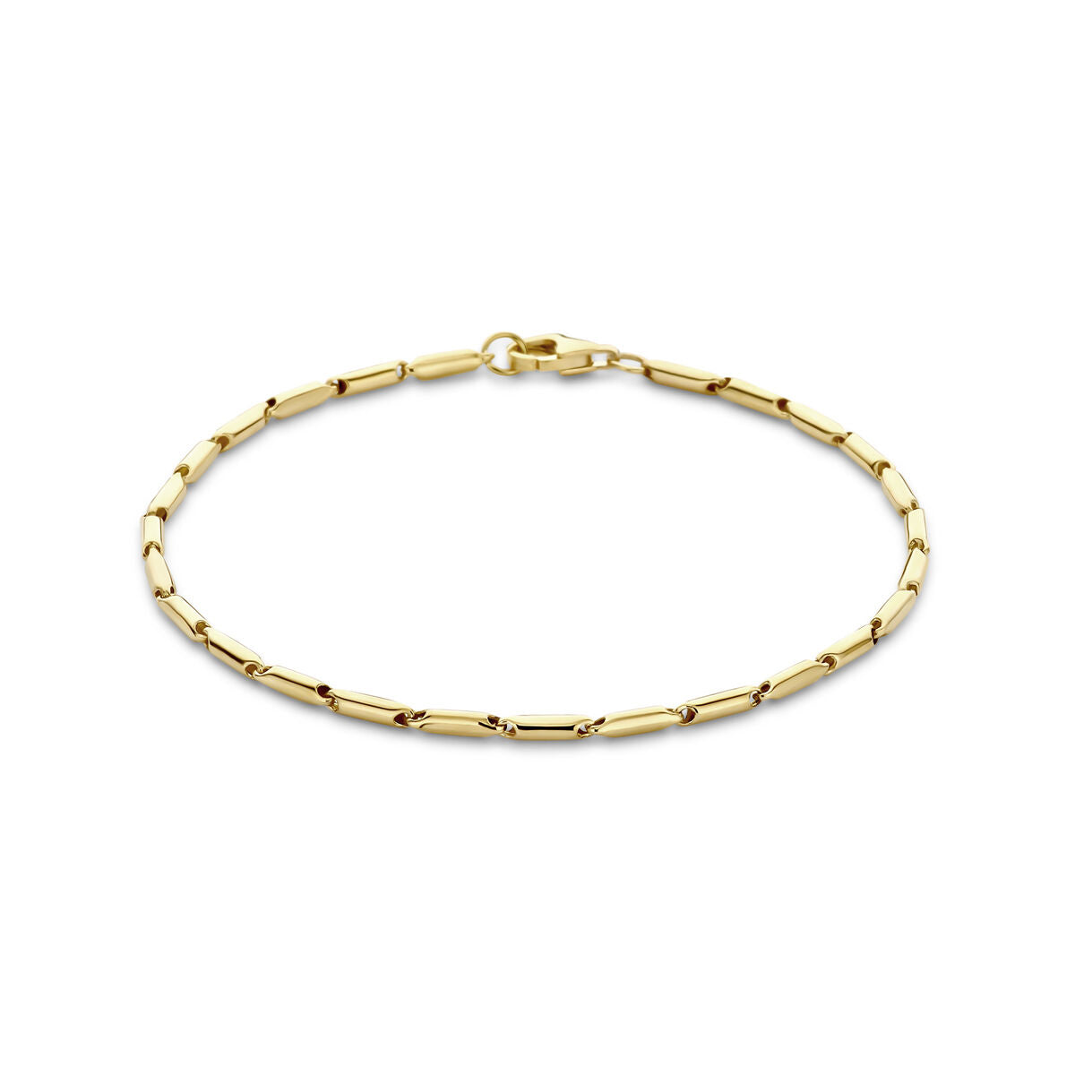Bracciale in oro giallo 14K, lungo 19 cm e largo 1,9 mm, con chiusura a moschettone.