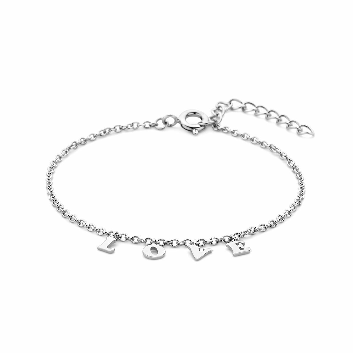 Bracciale in argento con lettere "love" e finitura rodiata.