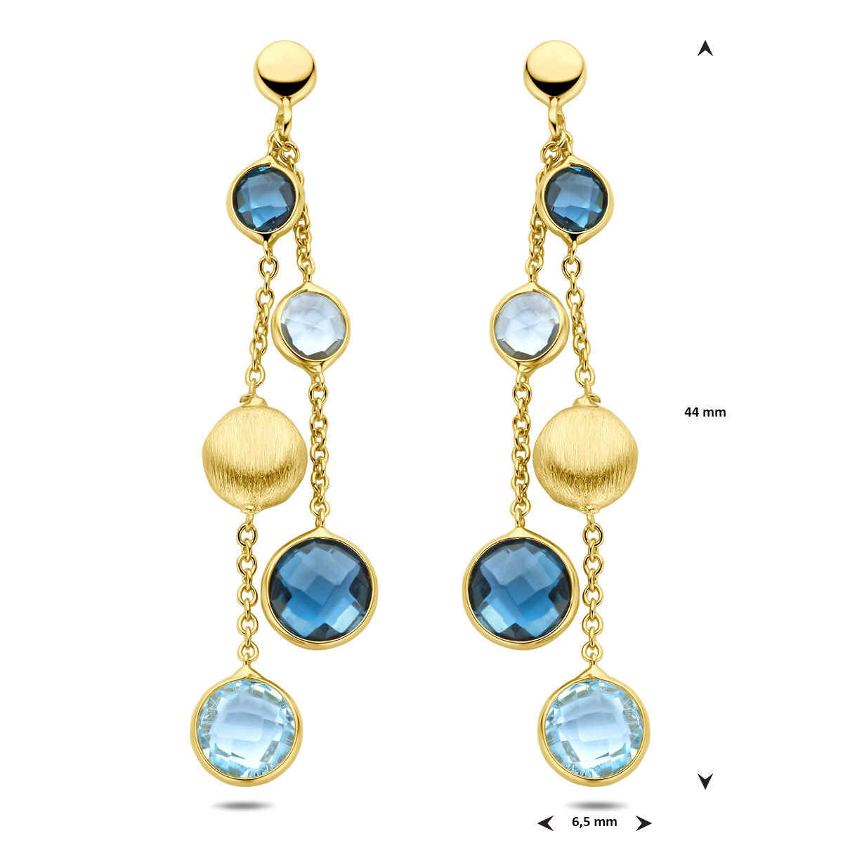 orecchini pendenti tondi, topazio sky blue e topazio london blue 44 mm 14K oro giallo