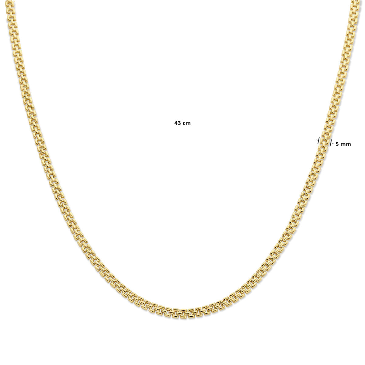Het Van der Kooij Collectie collier panter, 5 mm breed en 43 cm lang van 14K geelgoud, wordt in U-vorm getoond op een witte achtergrond. Het panter schakelontwerp geeft de ketting extra allure.