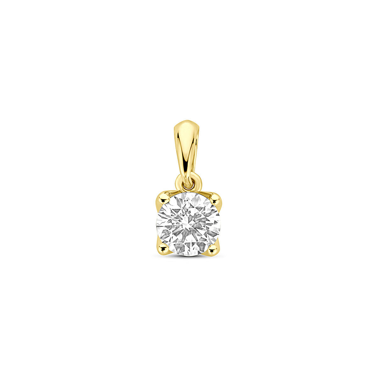 Ciondolo in oro giallo 14K con diamante lab-grown di 0,50 ct, forma rotonda, montatura a quattro griffe.