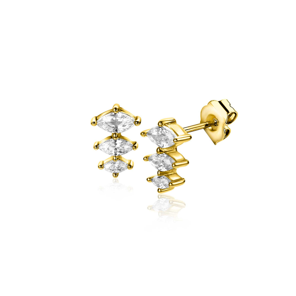 Orecchini in argento placcato oro con tre pietre brillanti a forma di marquise.