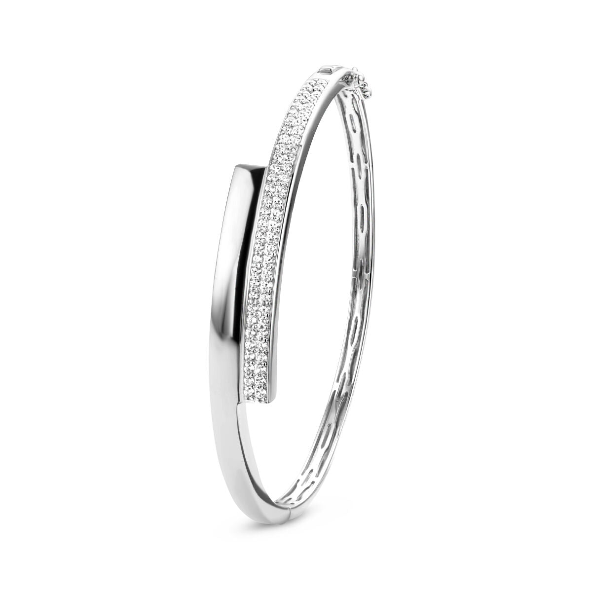 Bracciale in argento rodiato con zircone, forma sottile e dettagli scintillanti.