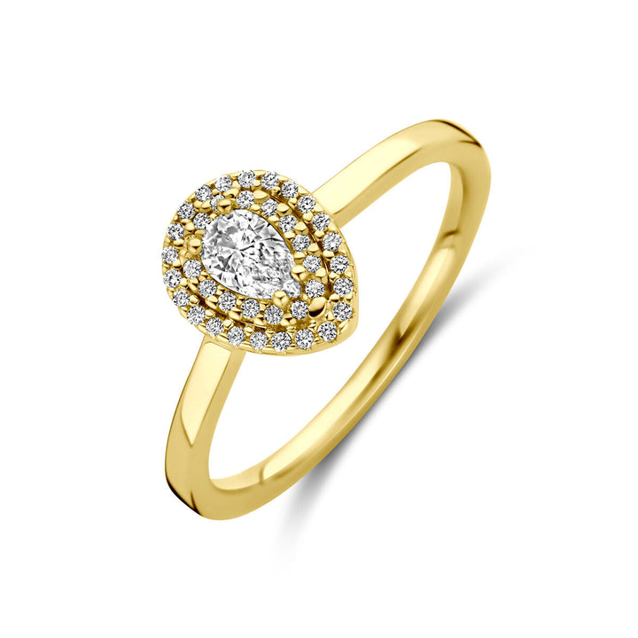 De Van der Kooij Collectie ring diamant 0,36ct H SI in 14K geelgoud heeft een peervormige centrale diamant omringd door een dubbele halo op een gepolijste geelgouden band, weergegeven tegen een witte achtergrond.