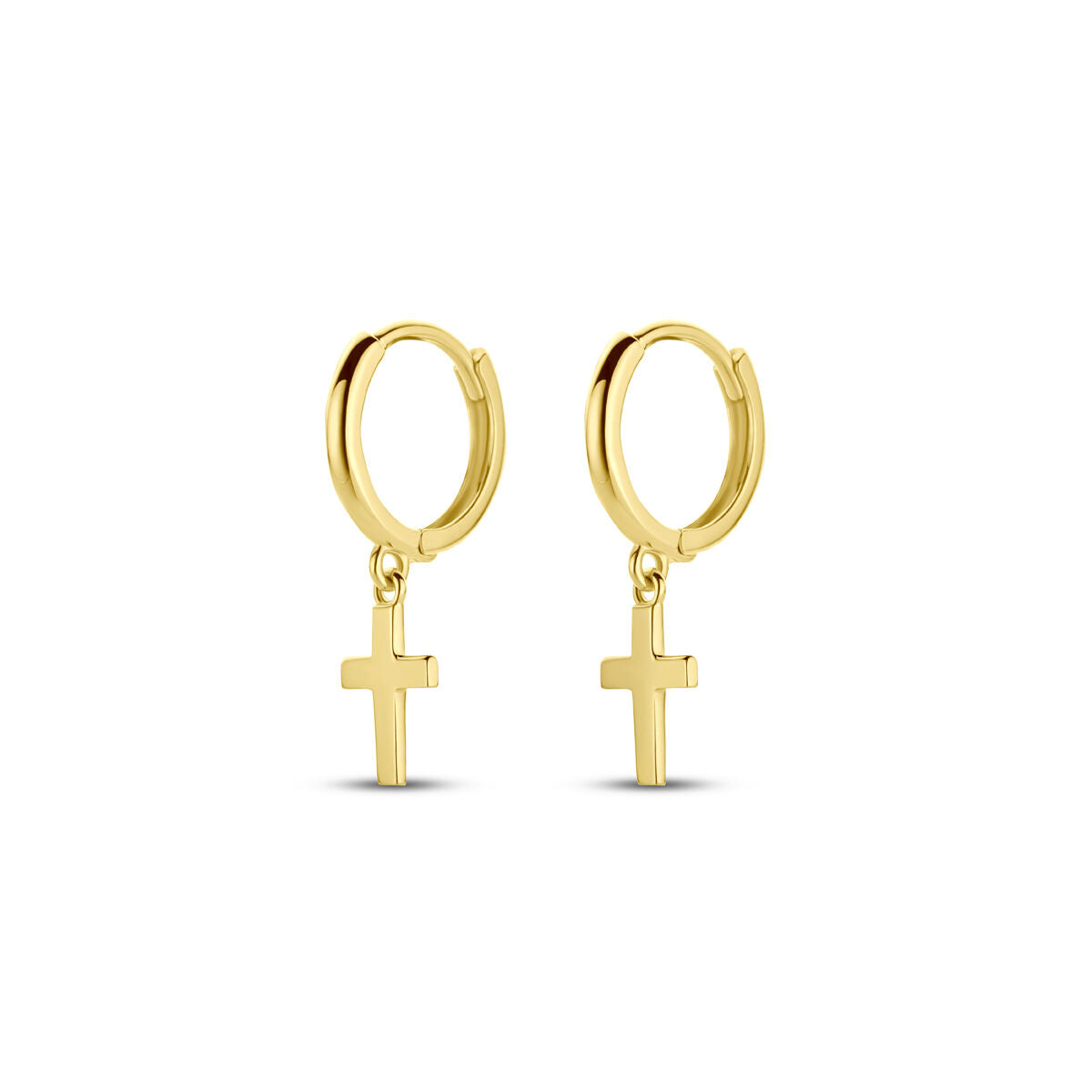 Orecchini alla creola in oro giallo 14K con croce pendente.