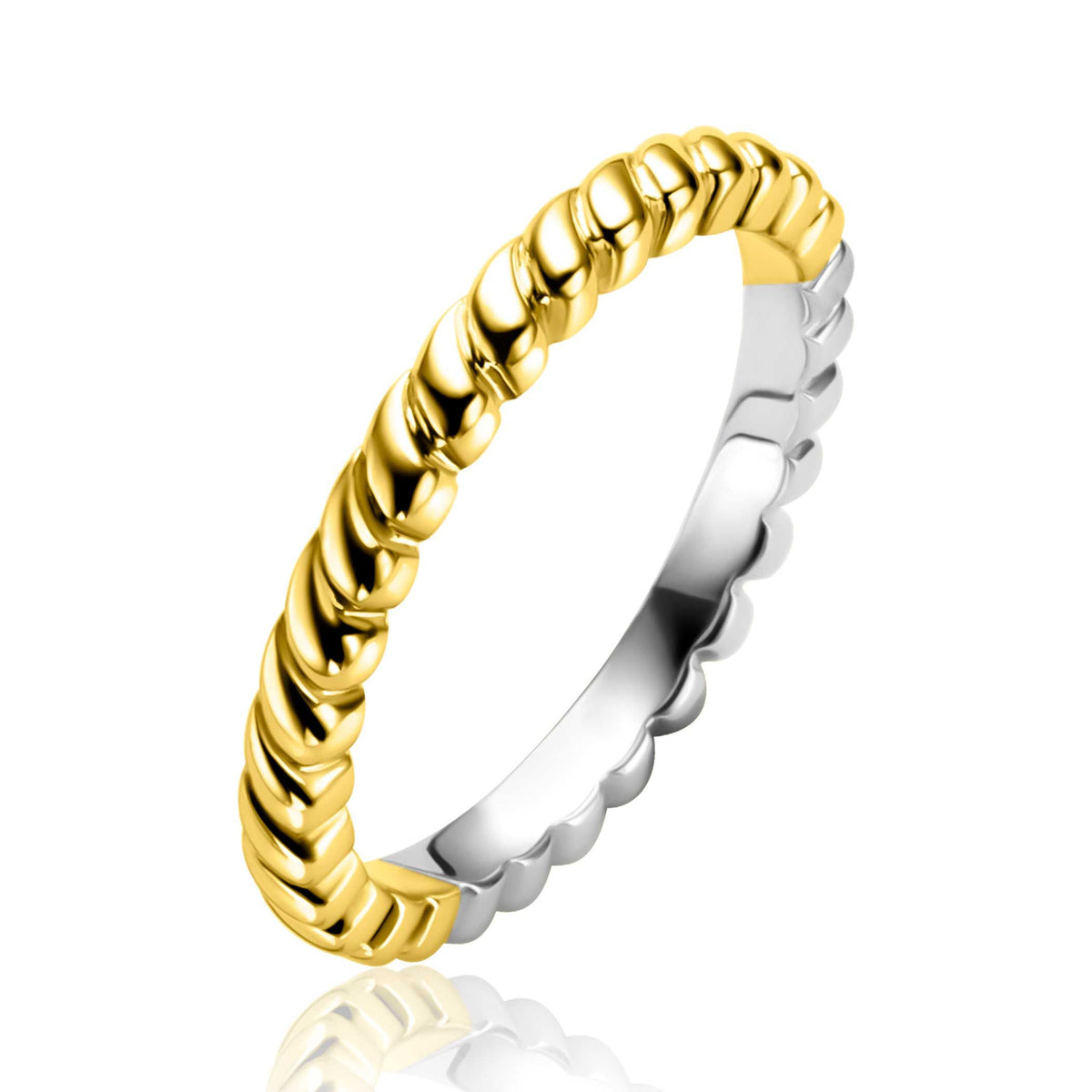 Anello in argento con finitura dorata e design intrecciato.