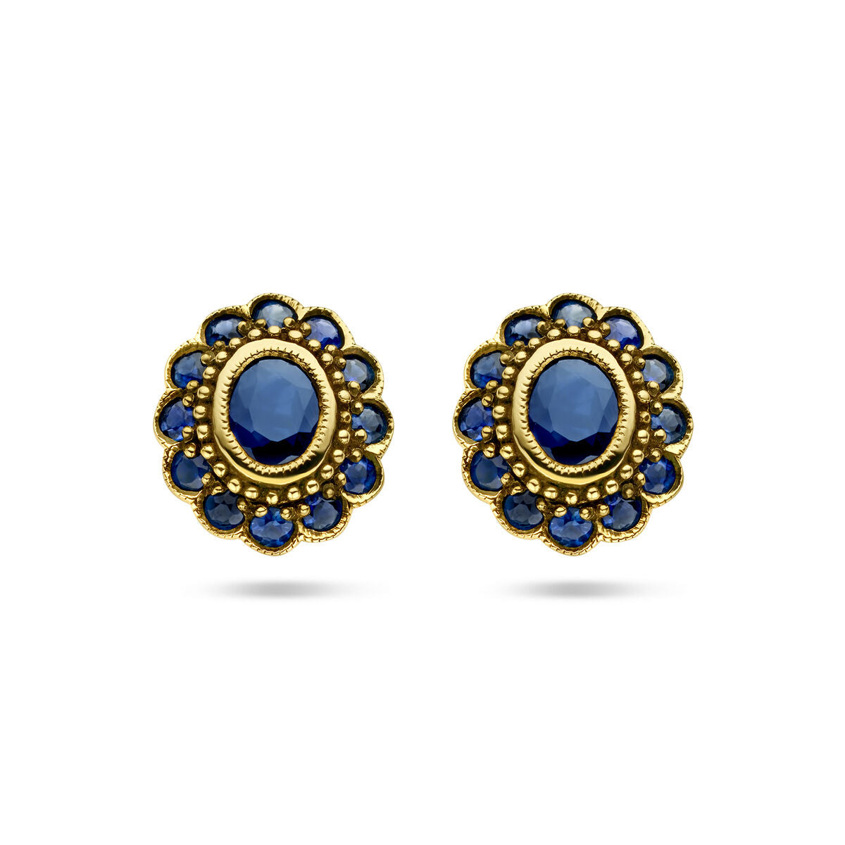 Orecchini in oro giallo 14K con zaffiri, design floreale con pietre blu.