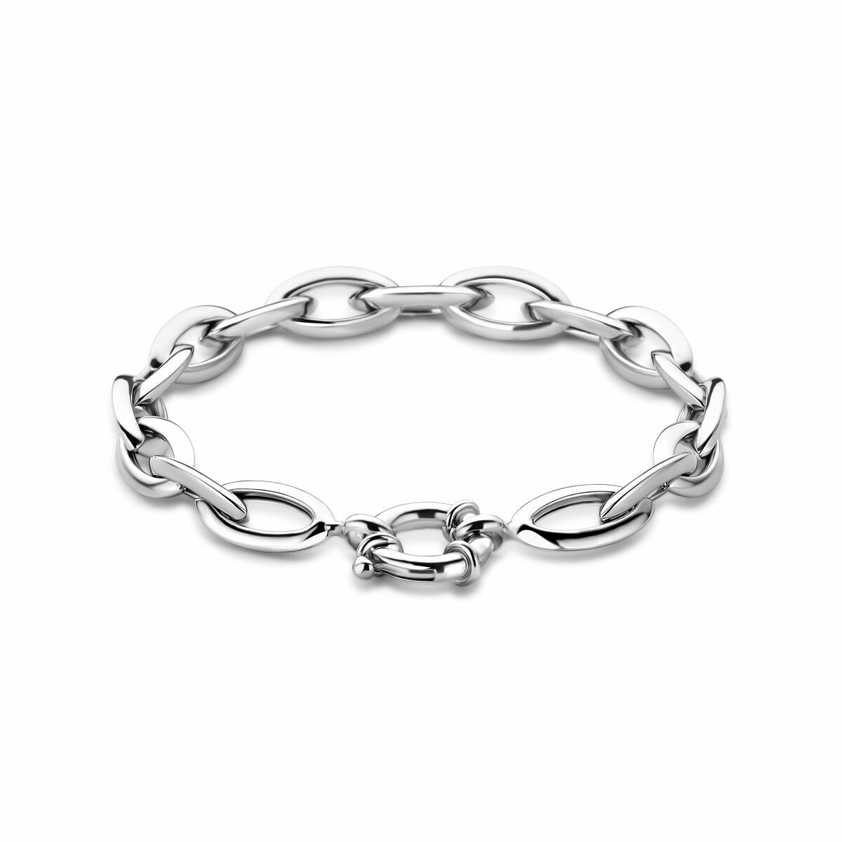 Bracciale in argento rodiato con maglie a forma di ancore e chiusura a moschettone.