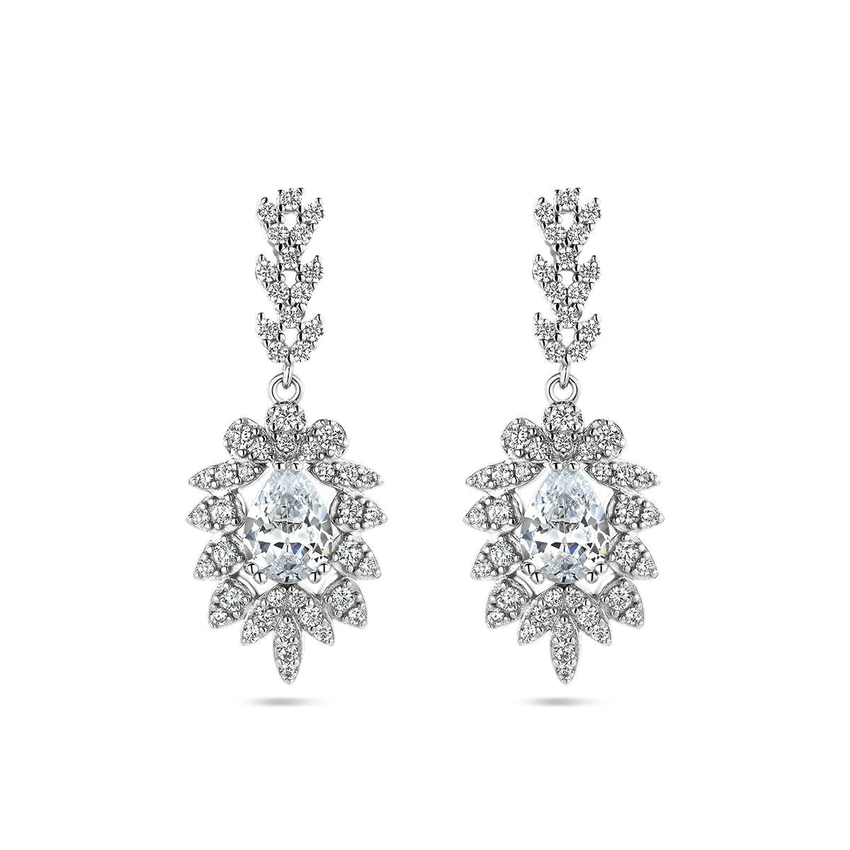 Orecchini in argento rodiato con zirconi, design floreale e pendente brillante.