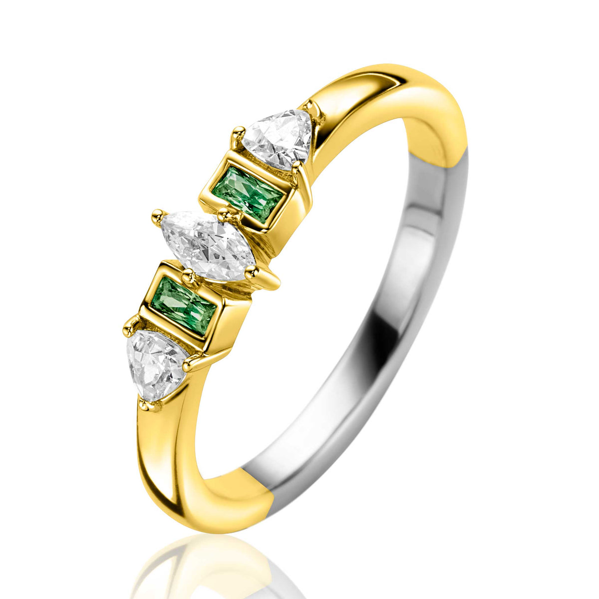 Anello in argento con dettagli dorati, pietre verdi e brillanti a forma di pera.