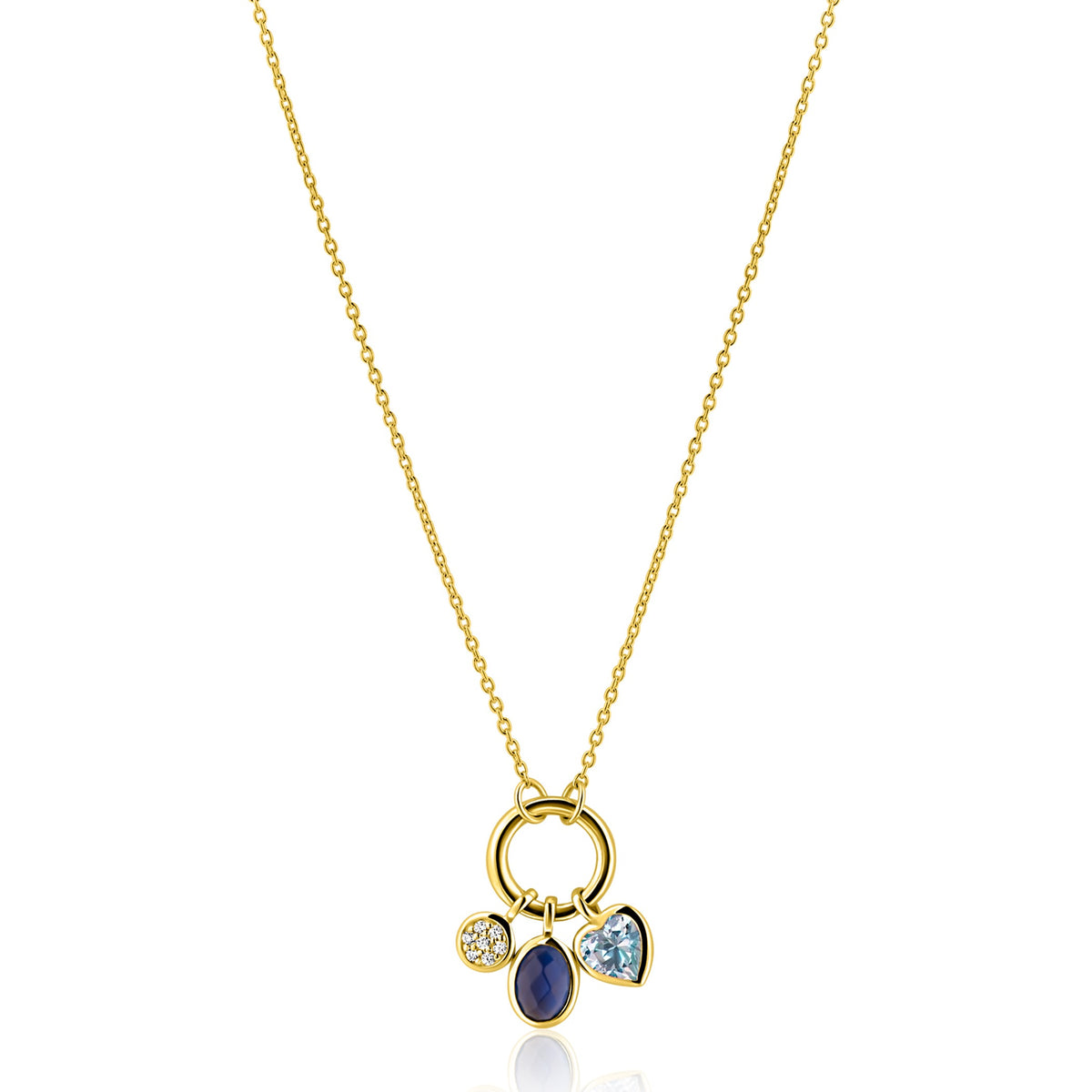 Collana in oro con pendenti a forma di cerchio e pietre blu e viola.