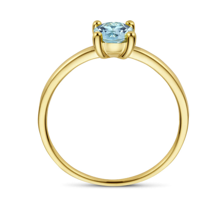 De Van der Kooij Collectie ring blauw topaas 14K geelgoud heeft een dunne geelgouden band en een enkele ronde blauwe topaas in een vier-punts zetting, afgebeeld op een witte achtergrond, die tijdloze elegantie weerspiegelt.