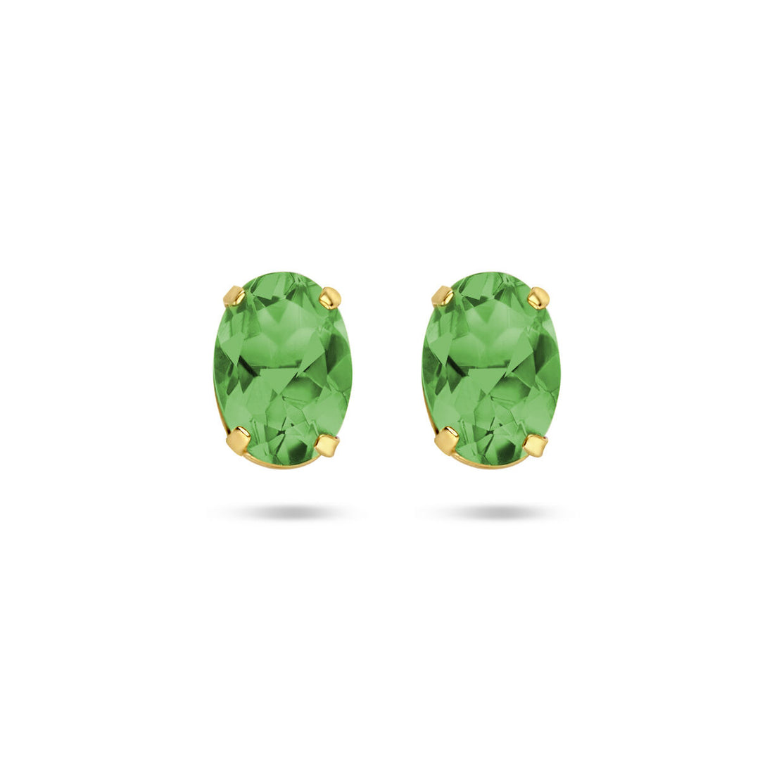 Een paar oorknoppen groen agaat 14K geelgoud van Van der Kooij Collectie, met ovale groene agaat gezet in geelgouden tanden, afgebeeld op een witte achtergrond.