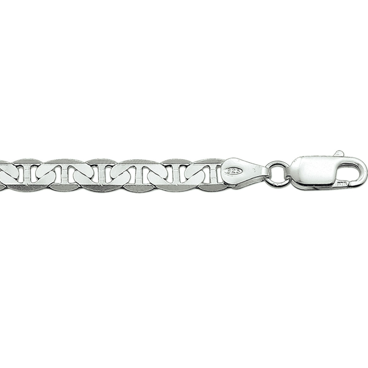 Bracciale in argento rodiato con maglie piatte di 5,5 mm e chiusura a moschettone.