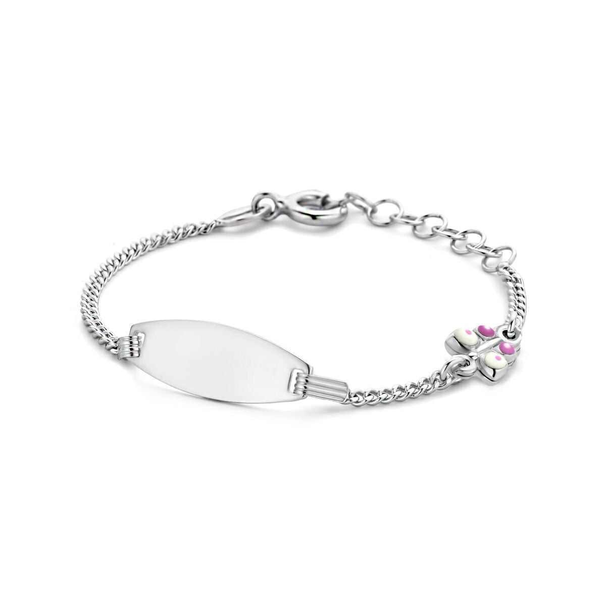 Bracciale in argento rodiato con placca per incisione e farfalla decorativa, lunghezza 11 + 2 cm.