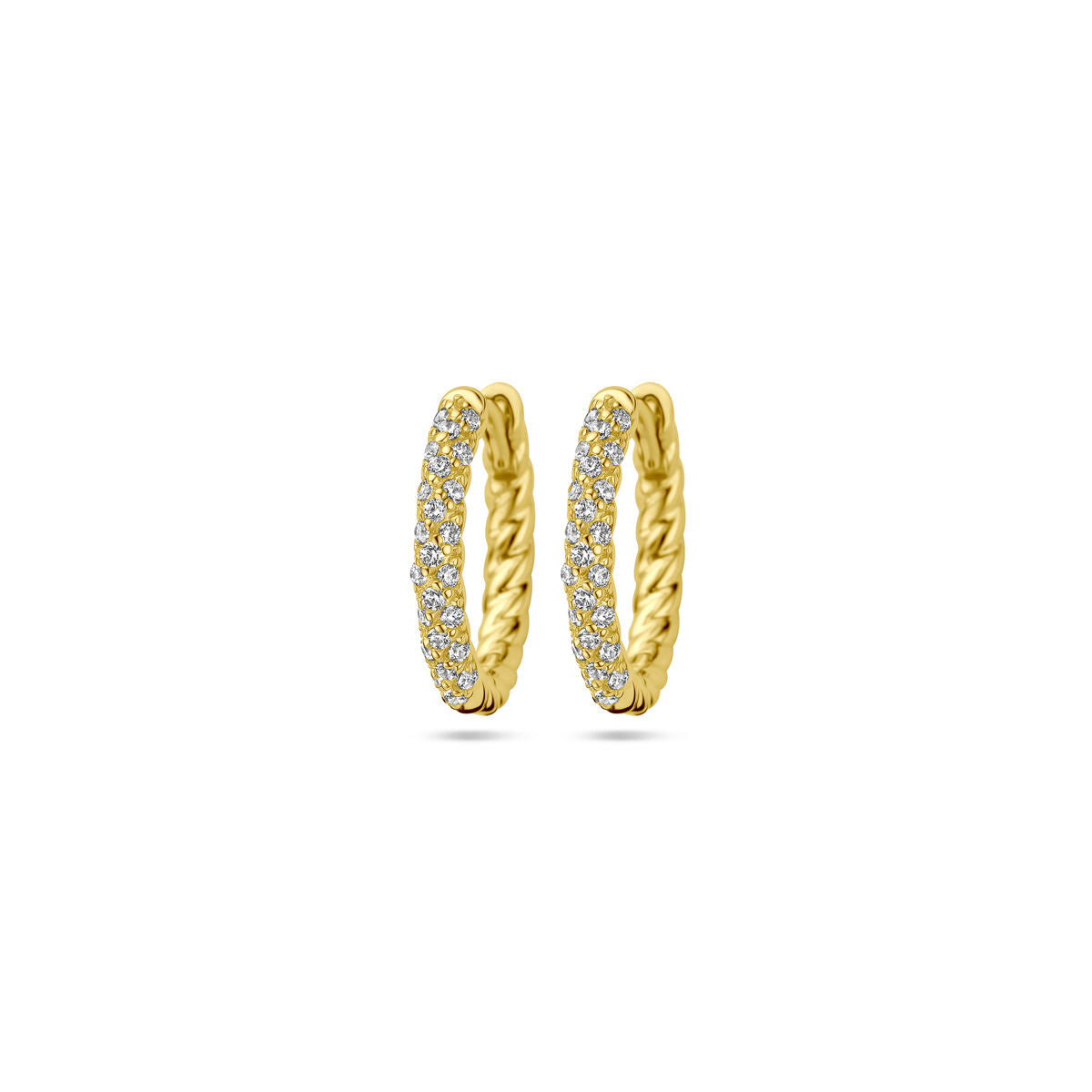 Orecchini alla creola in argento dorato con zircone, finitura intrecciata.
