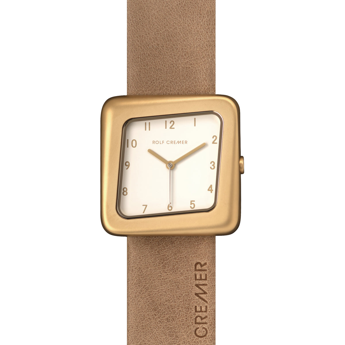 Orologio quadrato Rolf Cremer con cassa dorata e cinturino in pelle beige.