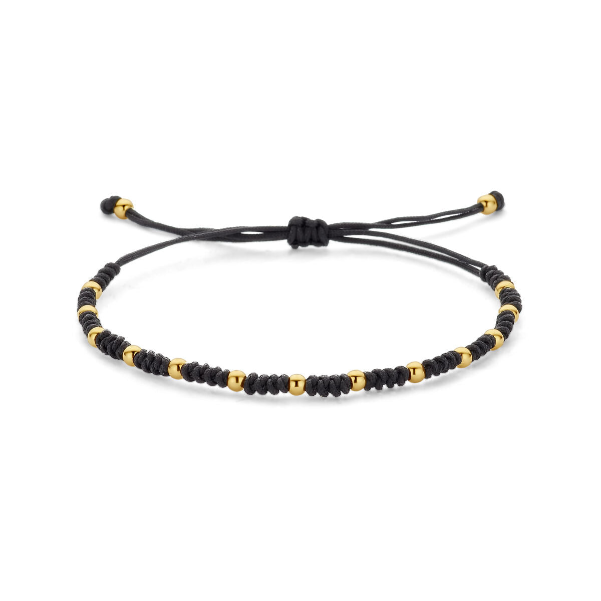 Bracciale in oro 14K con perline nere in nylon e dettagli dorati, regolabile.