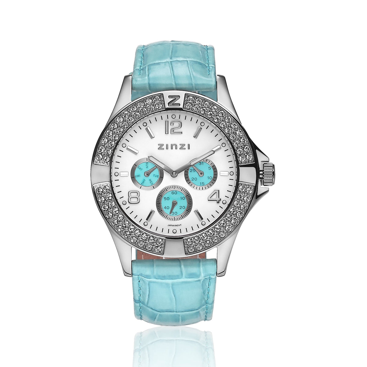 Orologio in acciaio argentato con quadrante bianco e dettagli turchesi, cinturino in pelle azzurra.