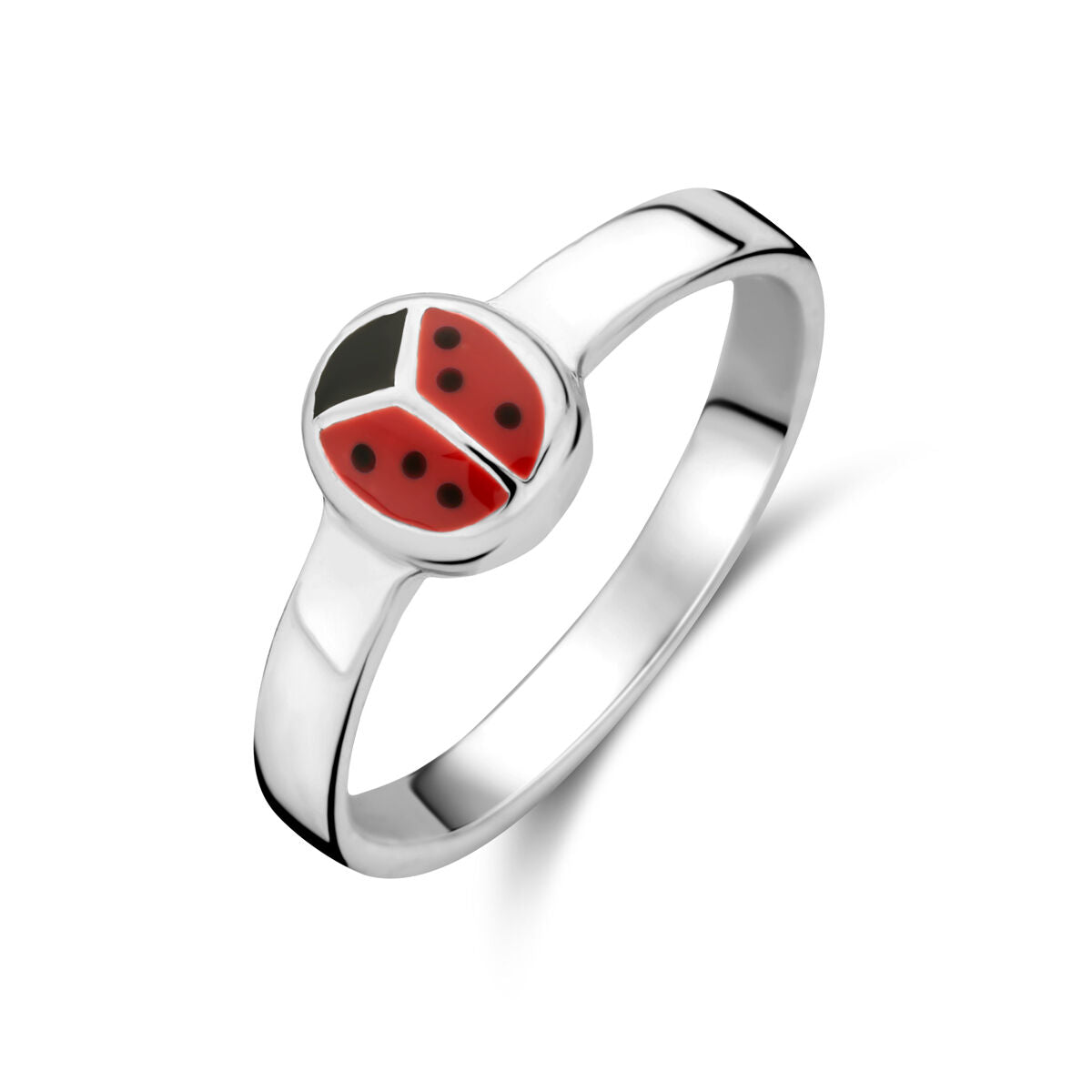 anello in argento con motivo di coccinella rossa e nera