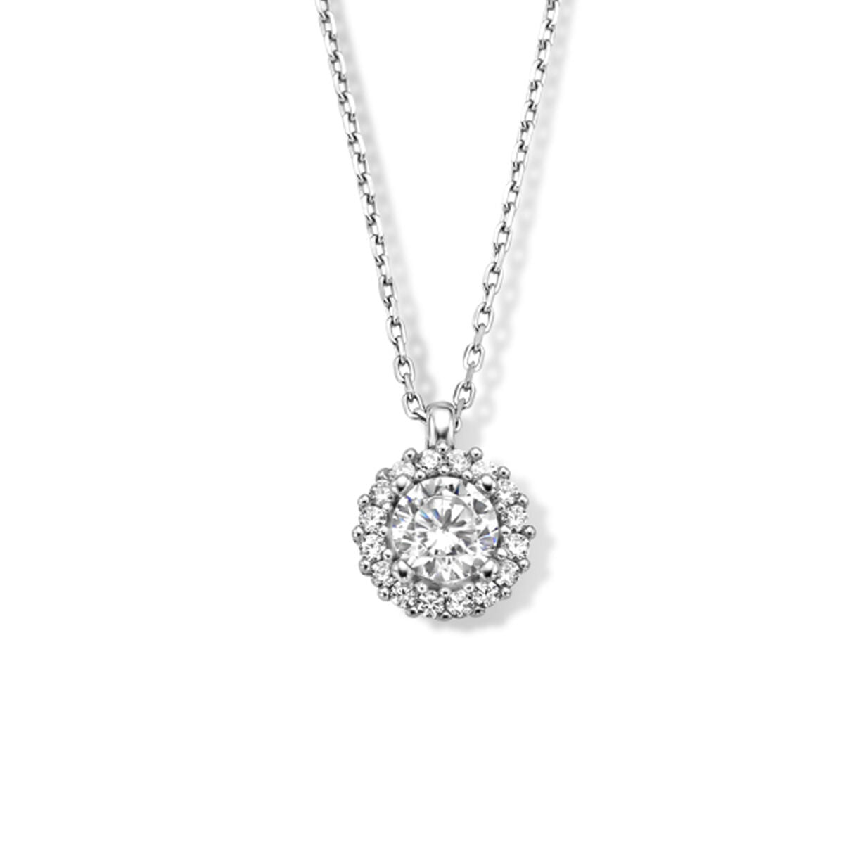 Collana in argento rodiato con pendente a forma di halo, decorata con zirconi.