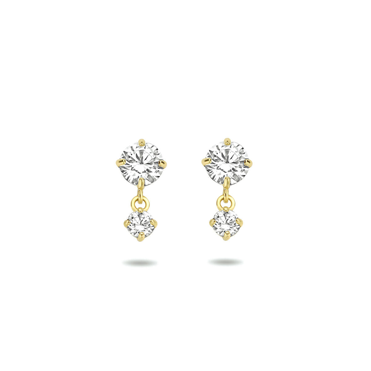 Orecchini in oro giallo 14K con zirconi, design a doppio pendente.