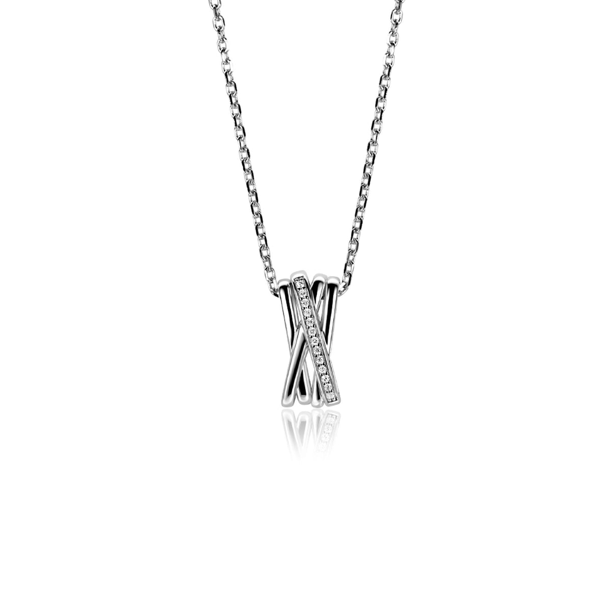 Collana argentata con pendente a forma di X decorato con zirconi.